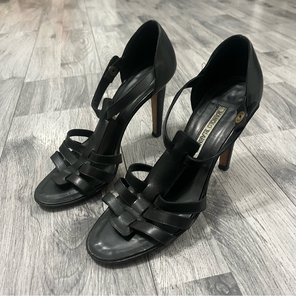 Manolo Blahnik Leather Sandal Strappy Heels Black Size 38